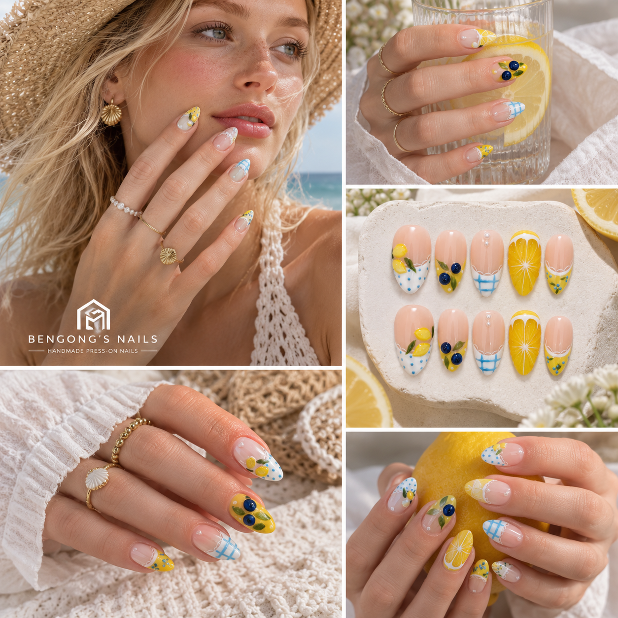 Amalfi Lemon Picnic | Short Almond Handmade Press-On Nails | Handmade Press-On Nails | Removable and Reusable | Free Tool Kit Included