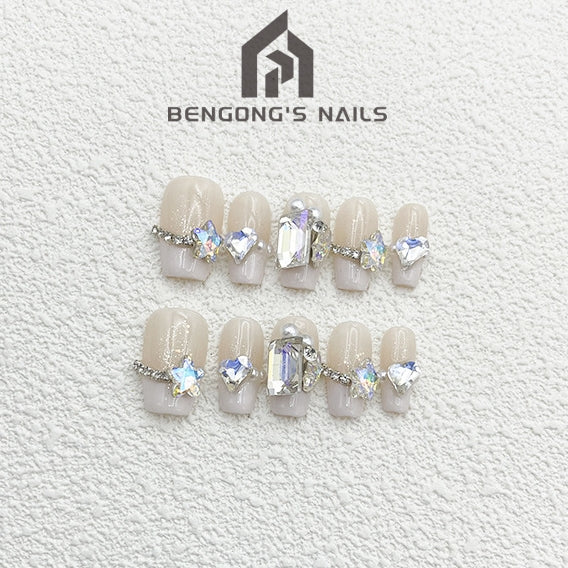 Colorful 3D Crystal Press On Nails| French-style High-end Gentle Handmade Nails|Free Tool Kit Set Included