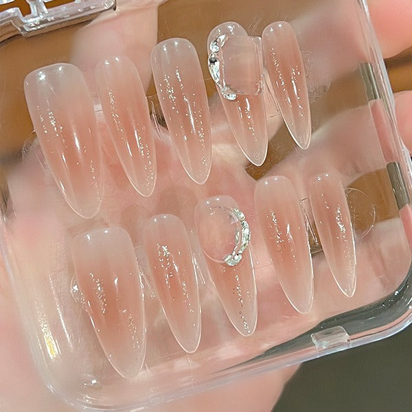 Nude Transparent Handmade Press On Nails | Large Sparkling Diamonds |Lady Style|Free Tool Kit Set Included