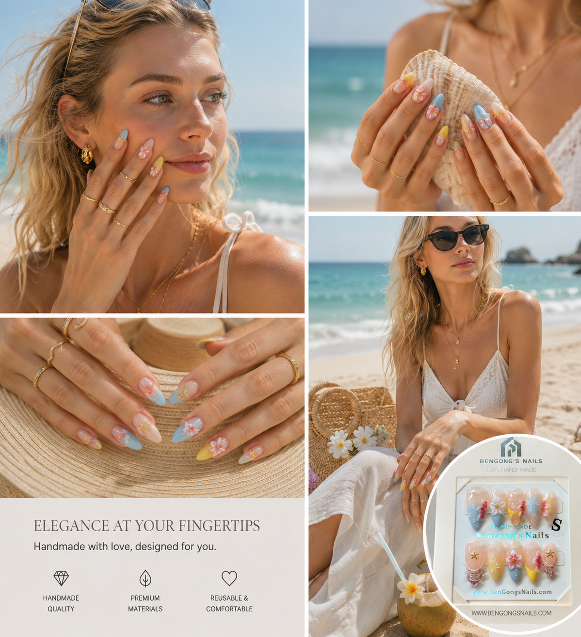 Coastal Bloom | Medium Almond | Handmade Press-On Nails | Removable and Reusable | Free Tool Kit Included Regular