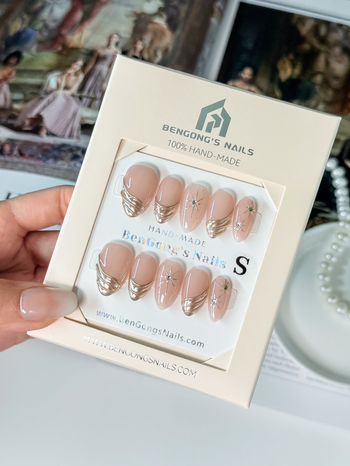 2 Shapes | Golden Whisper | Handmade Press-On Nails | Removable and Reusable | Free Tool Kit Included