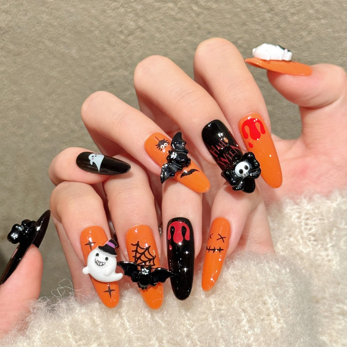 Spooky Night – Halloween Press On Nails | 3D Ghost & Skull Nails | Removable and Reusable | Free Tool Kit Included
