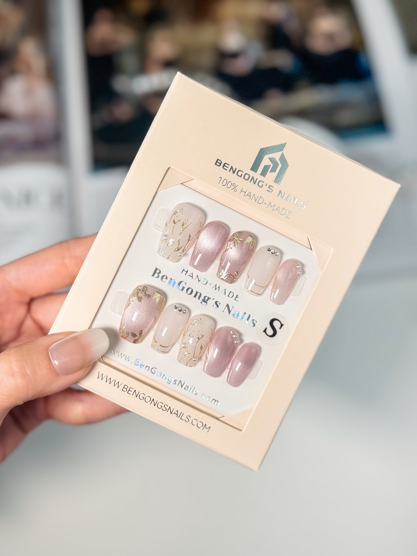 2 Nail Shapes | Champagne Blush with Gold Foil | Handmade Press-On Nails | Removable and Reusable | Free Tool Kit Included