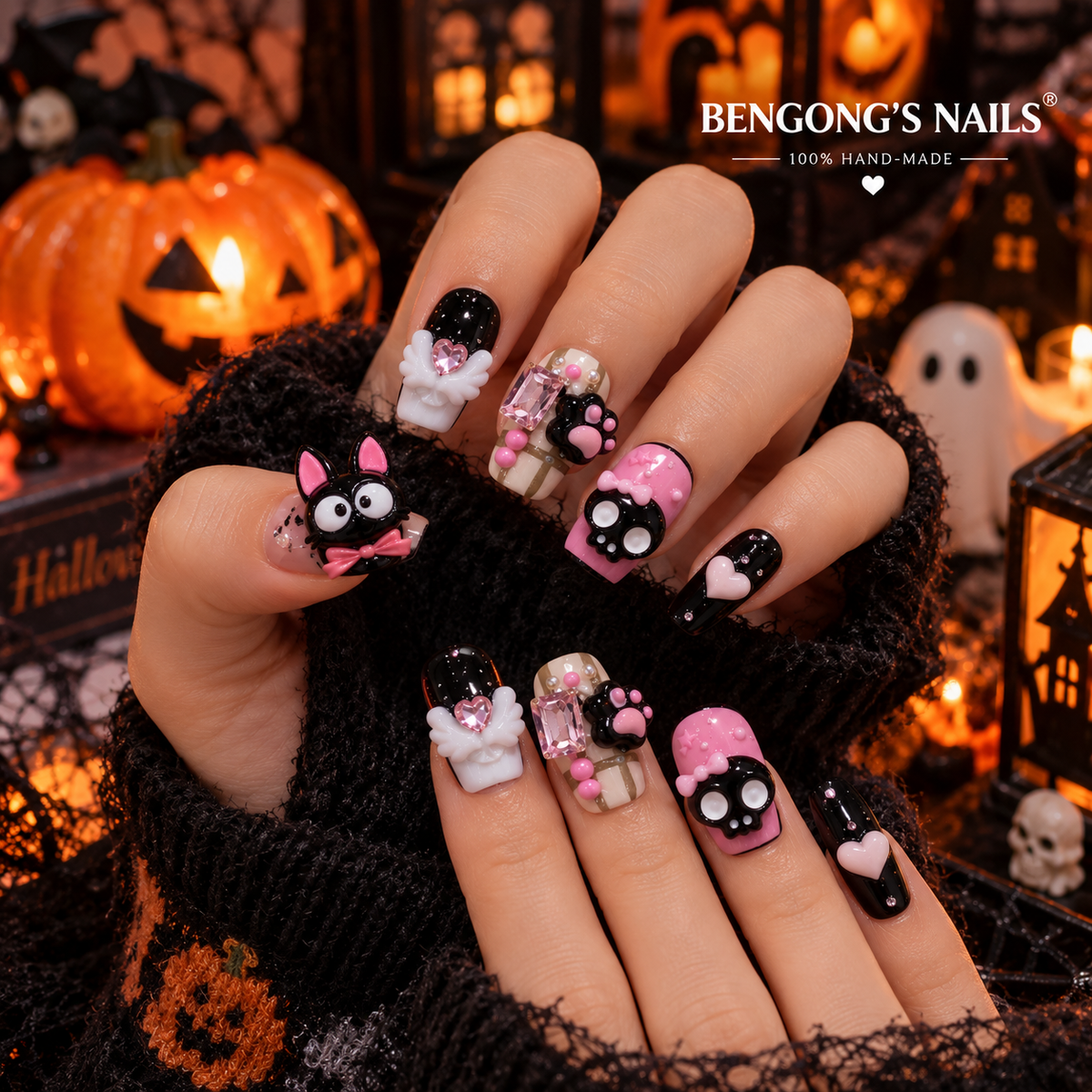 Pink Black Cat Halloween Press On Nails – 3D Kawaii Nails | Removable and Reusable | Free Tool Kit Included