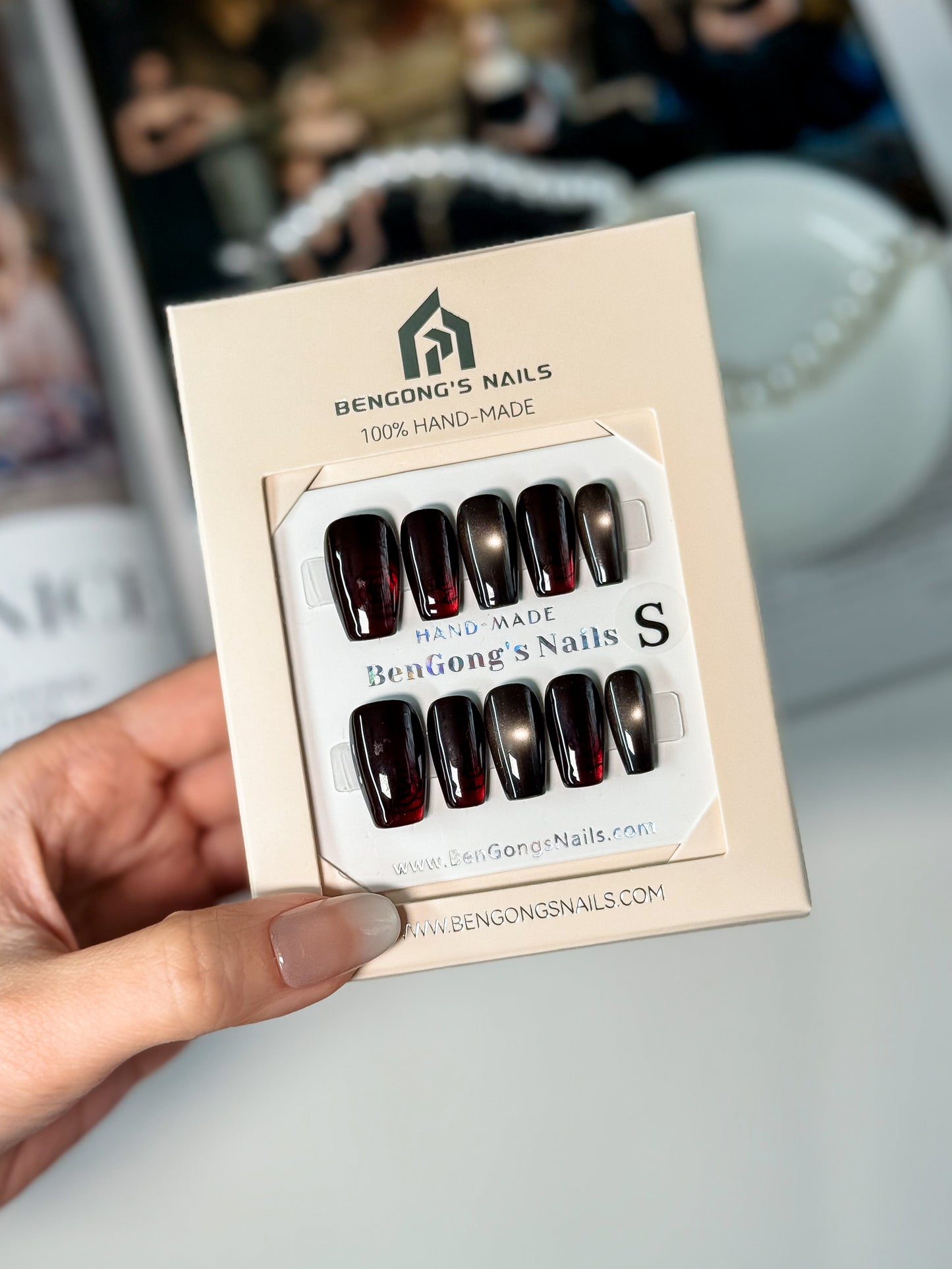 3 Nail Shapes | Crimson Rose in Black Cat-Eye | |Handmade Press-On Nails | Removable and Reusable | Free Tool Kit Included