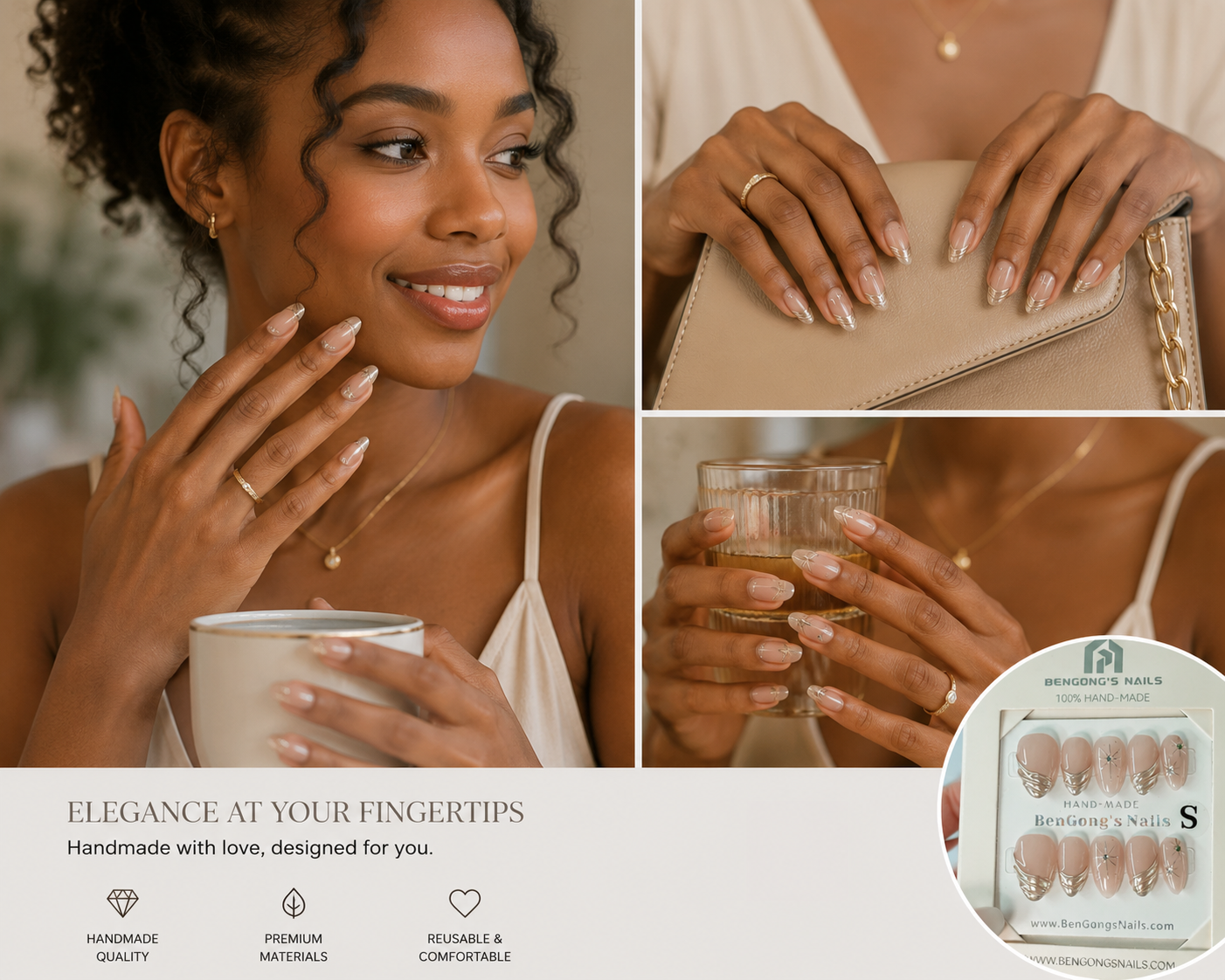 2 Shapes | Golden Whisper | Handmade Press-On Nails | Removable and Reusable | Free Tool Kit Included
