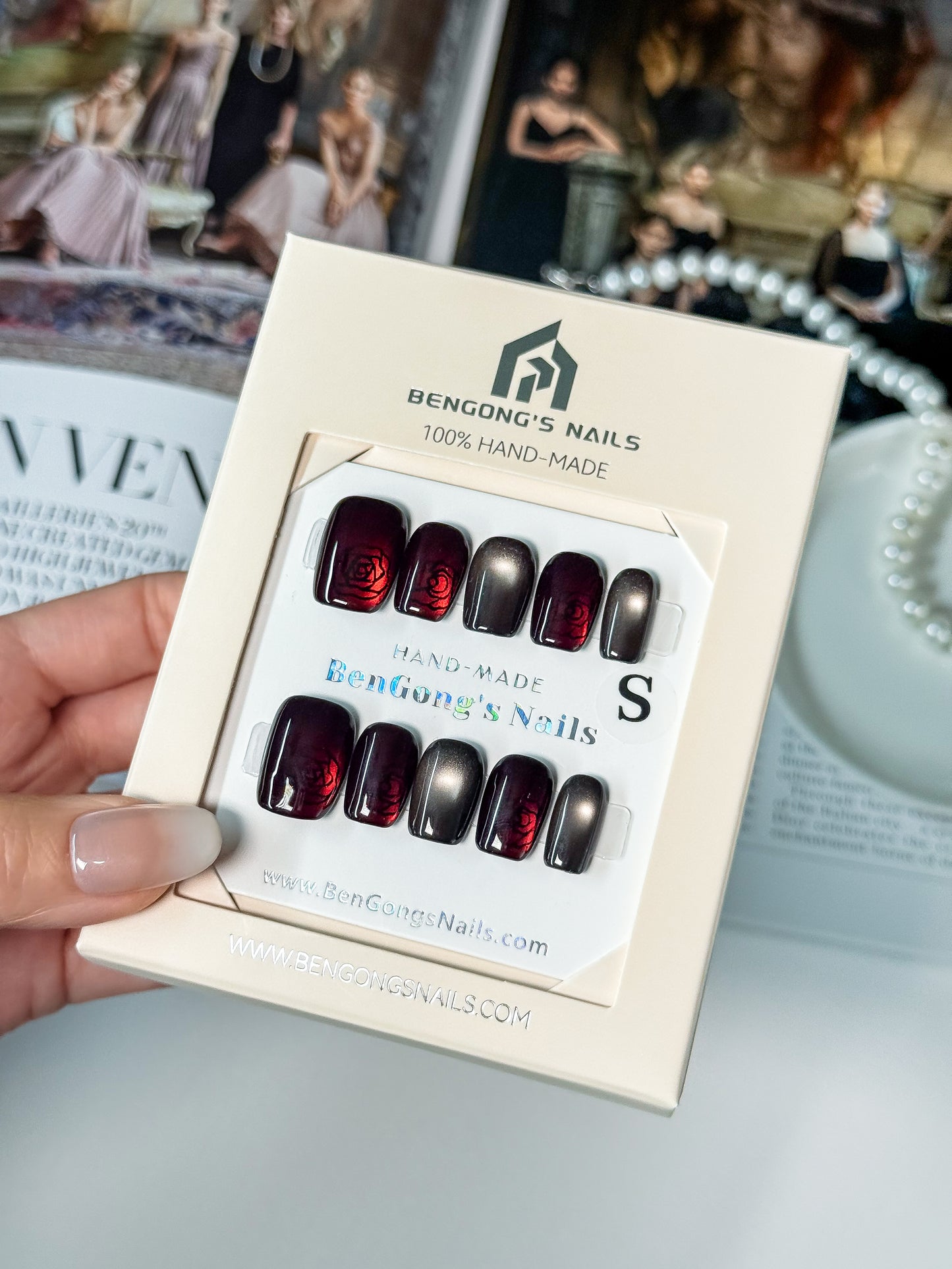 3 Nail Shapes | Crimson Rose in Black Cat-Eye | |Handmade Press-On Nails | Removable and Reusable | Free Tool Kit Included