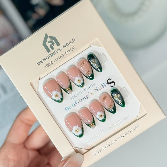 Emerald Daisy | Short Almond | Handmade Press-On Nails | Removable and Reusable | Free Tool Kit Included Regular