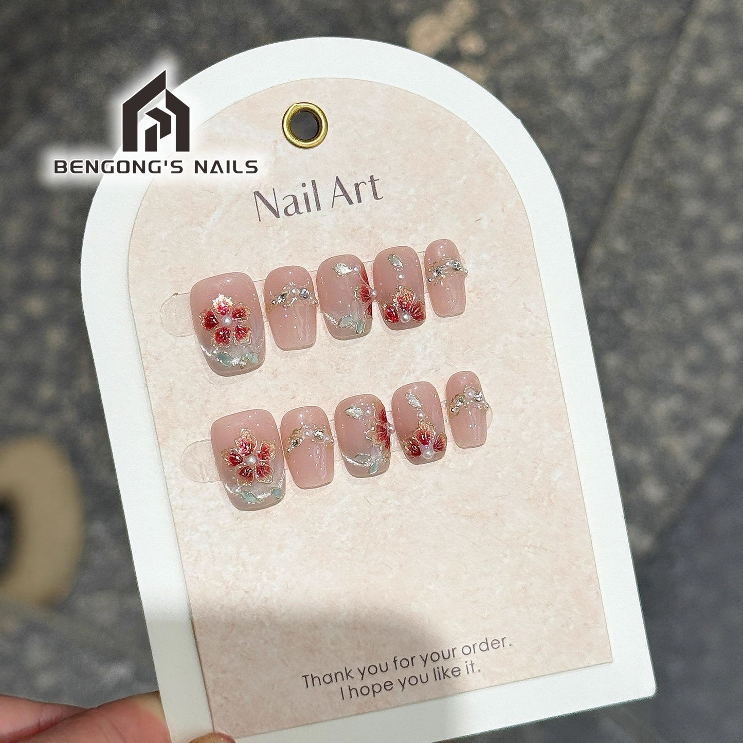 3 Nails Shapes | Blush Enamel-Inspired Red Florals | Handmade Press-On Nails | Removable and Reusable | Free Tool Kit Included