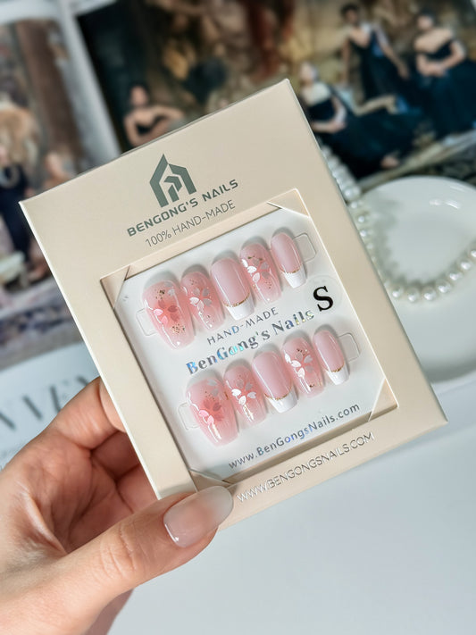 Cherry Blossom French Ombre |  Medium Coffin | Handmade Press-On Nails | Removable and Reusable | Free Tool Kit Included
