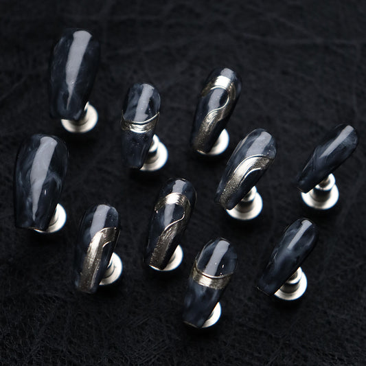 Long Coffin Black Gradient Gold Sand Handmade Press-On Nails | Removable and Reusable | Free Tool Kit Included