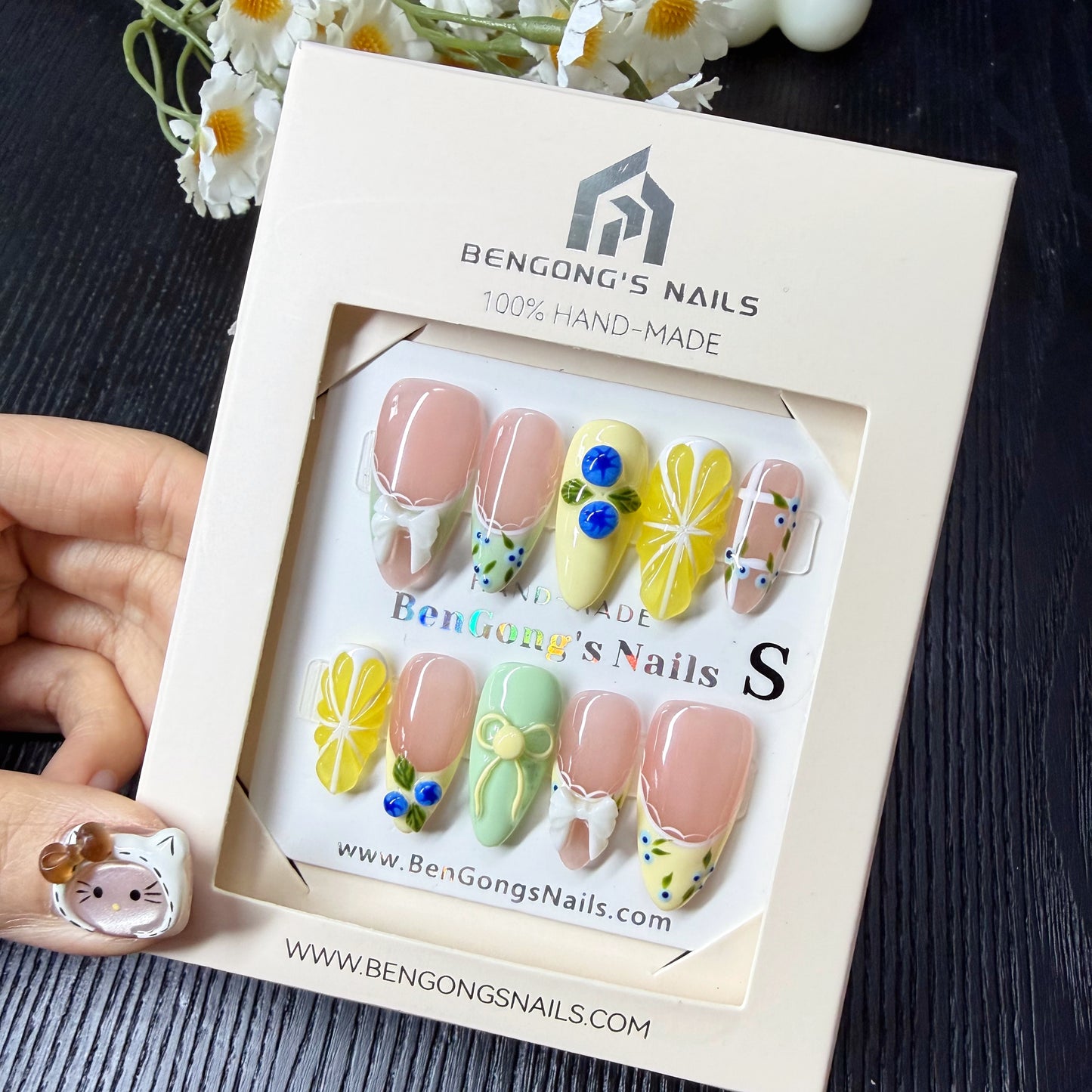 Lemon Bow Garden | Medium Almond | Handmade Press-On Nails | Removable and Reusable | Free Tool Kit Included Regular
