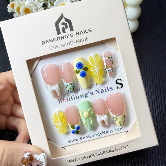 Lemon Bow Garden | Medium Almond | Handmade Press-On Nails | Removable and Reusable | Free Tool Kit Included Regular