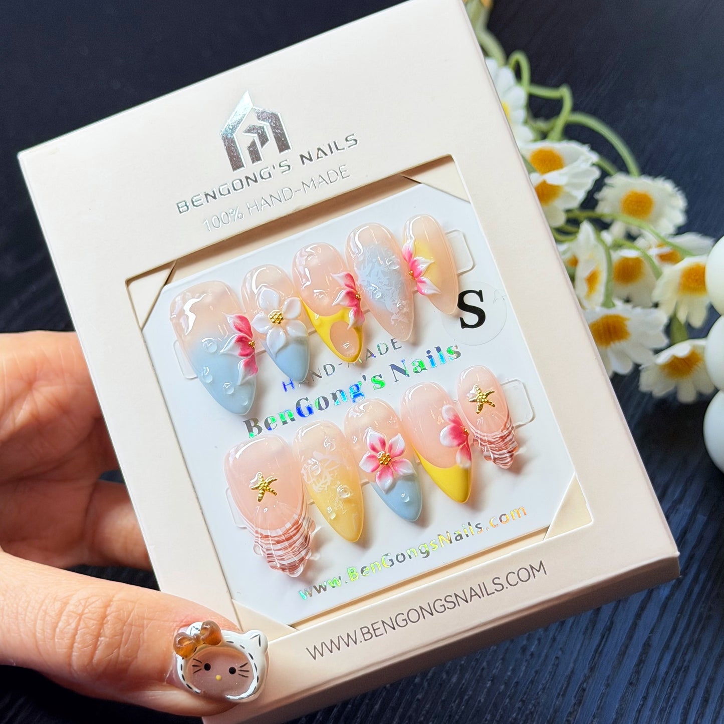 Coastal Bloom | Medium Almond | Handmade Press-On Nails | Removable and Reusable | Free Tool Kit Included Regular