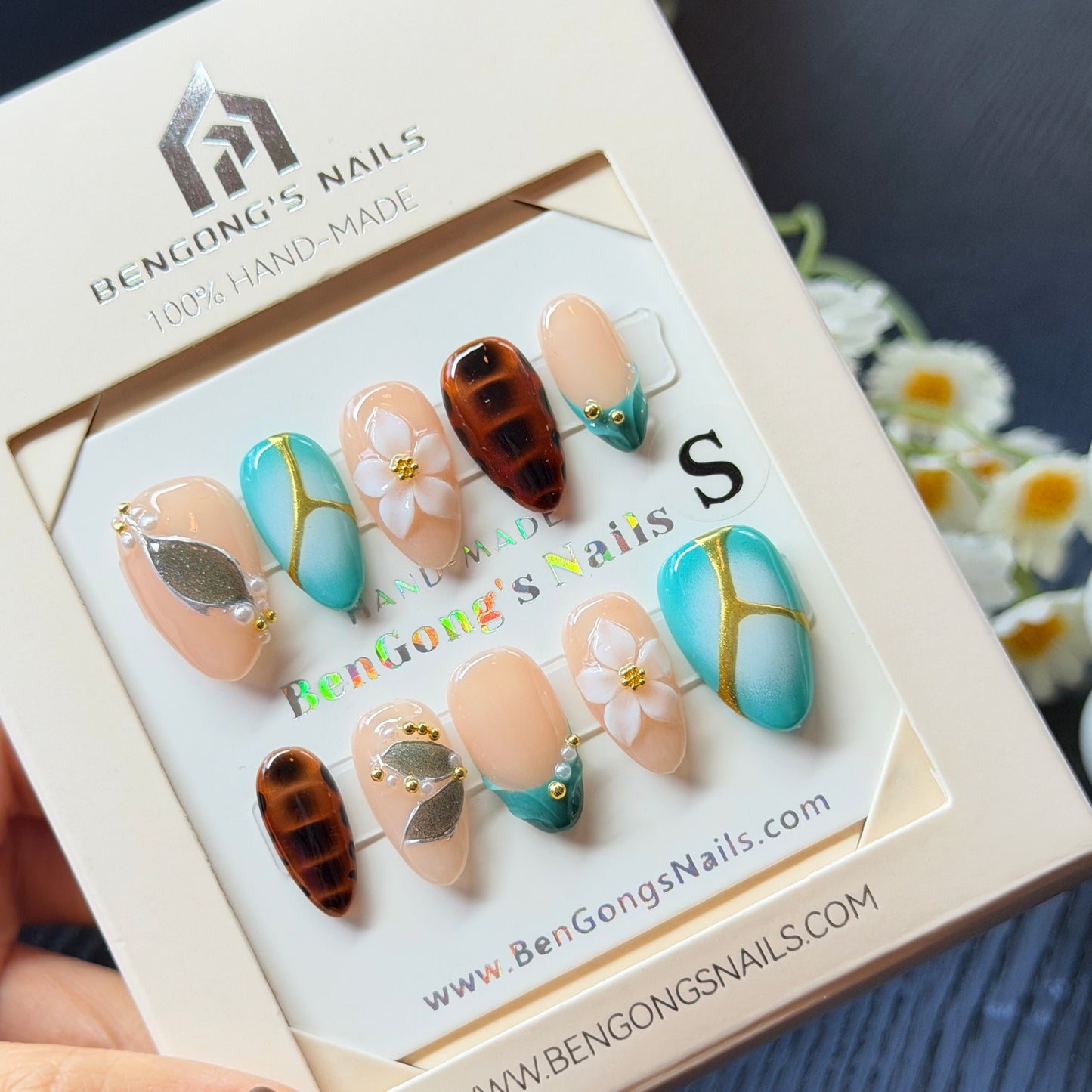 Turquoise Tortoise Bloom | Short Almond Handmade Press-On Nails | Removable and Reusable | Free Tool Kit Included