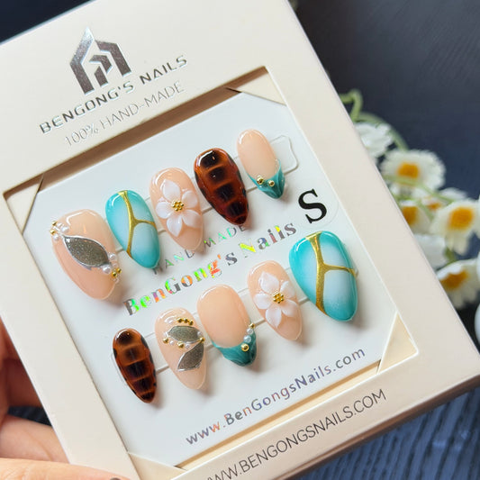 Turquoise Tortoise Bloom | Short Almond Handmade Press-On Nails | Removable and Reusable | Free Tool Kit Included