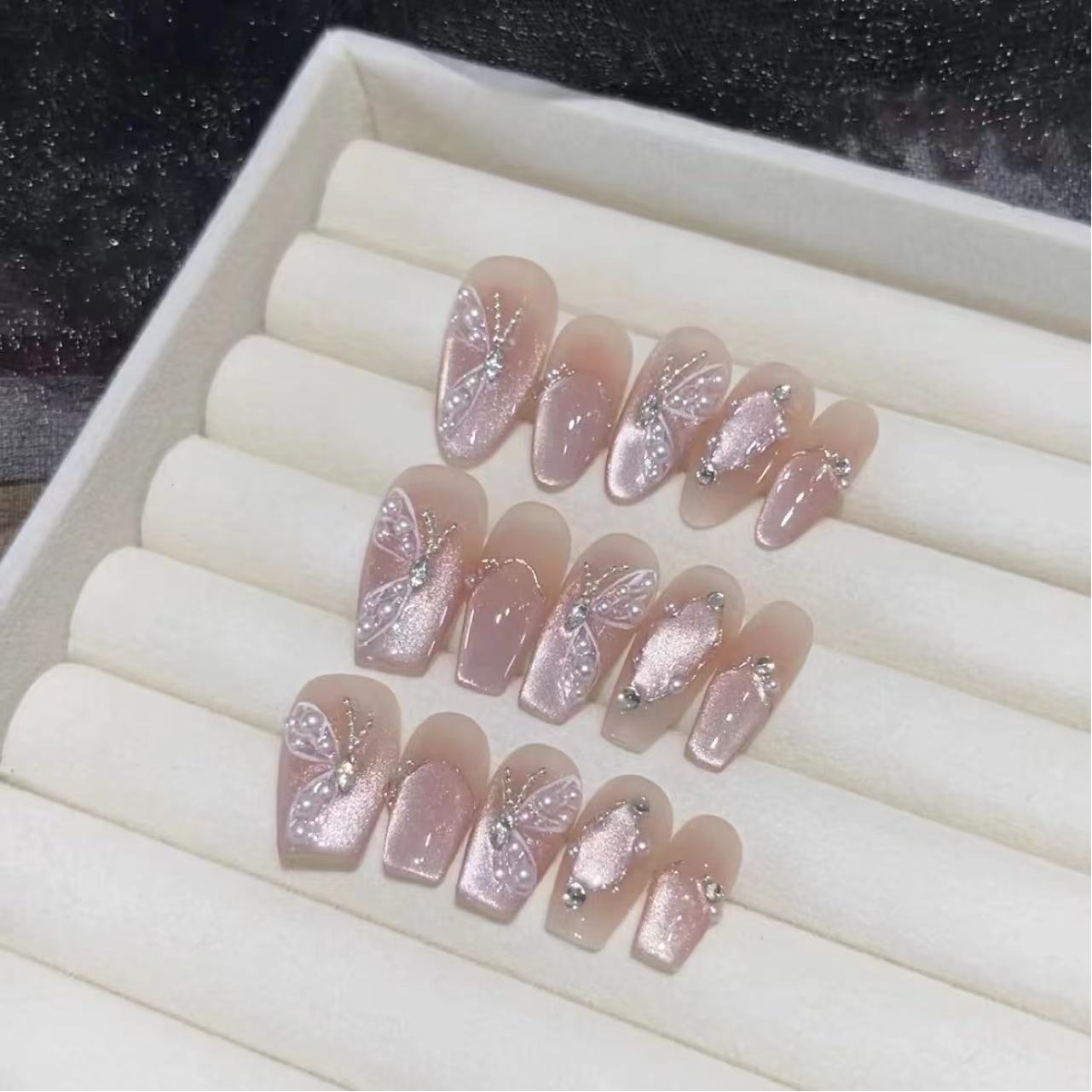 2 Shapes French Tip Pink Cat Eye with Hand-Painted Butterfly Accents Handmade Press-On Nails | Removable and Reusable | Free Tool Kit Included
