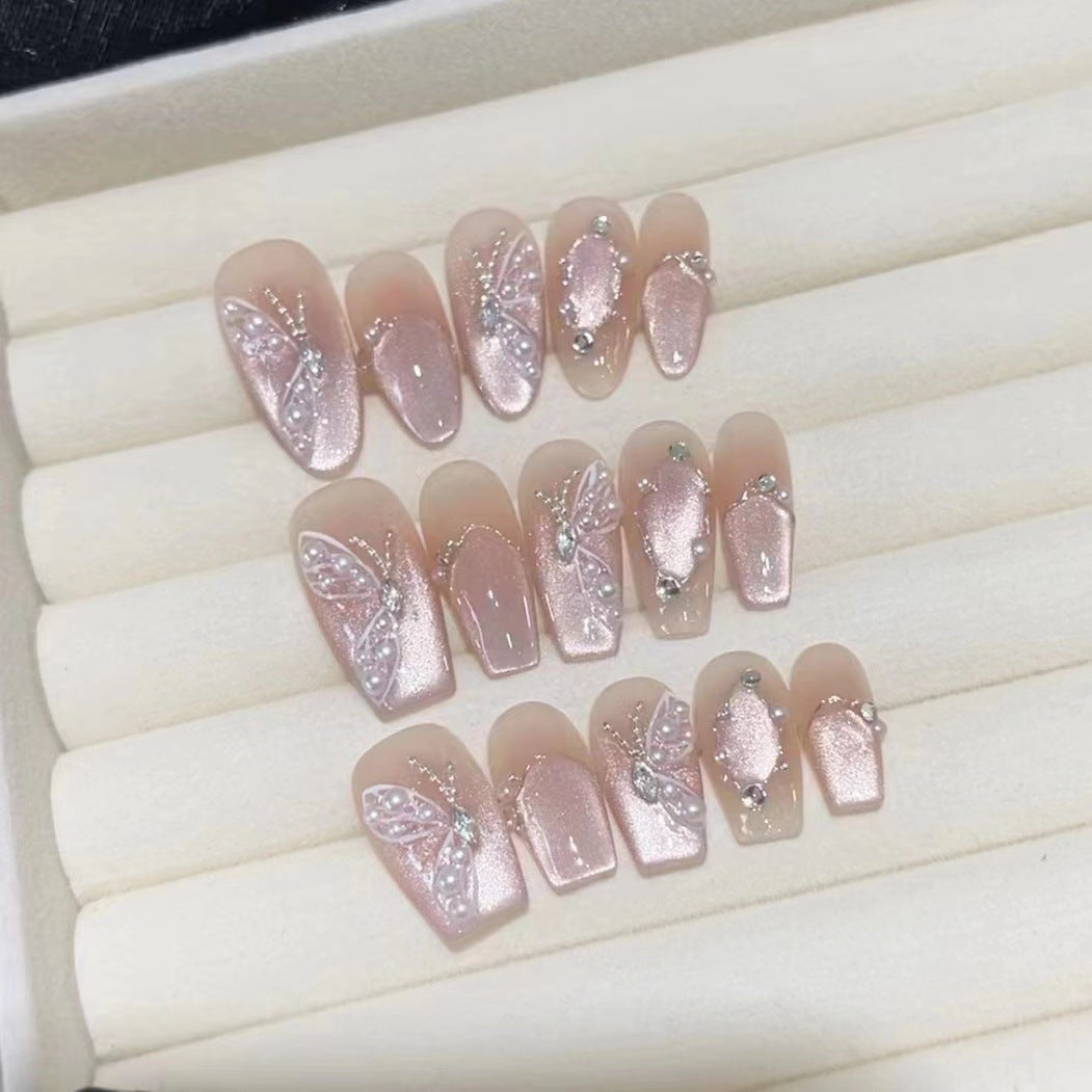 2 Shapes French Tip Pink Cat Eye with Hand-Painted Butterfly Accents Handmade Press-On Nails | Removable and Reusable | Free Tool Kit Included