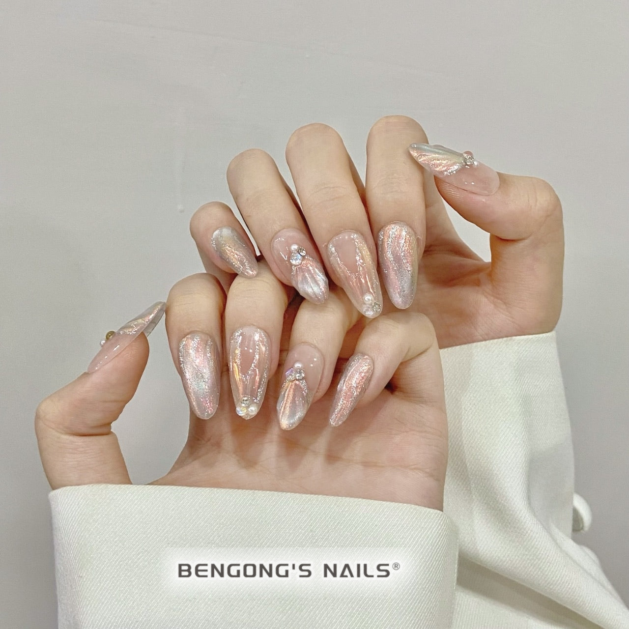 Blush Pearl Bloom | Medium Almond | Handmade Press-On Nails | Removable and Reusable | Free Tool Kit Included Regular