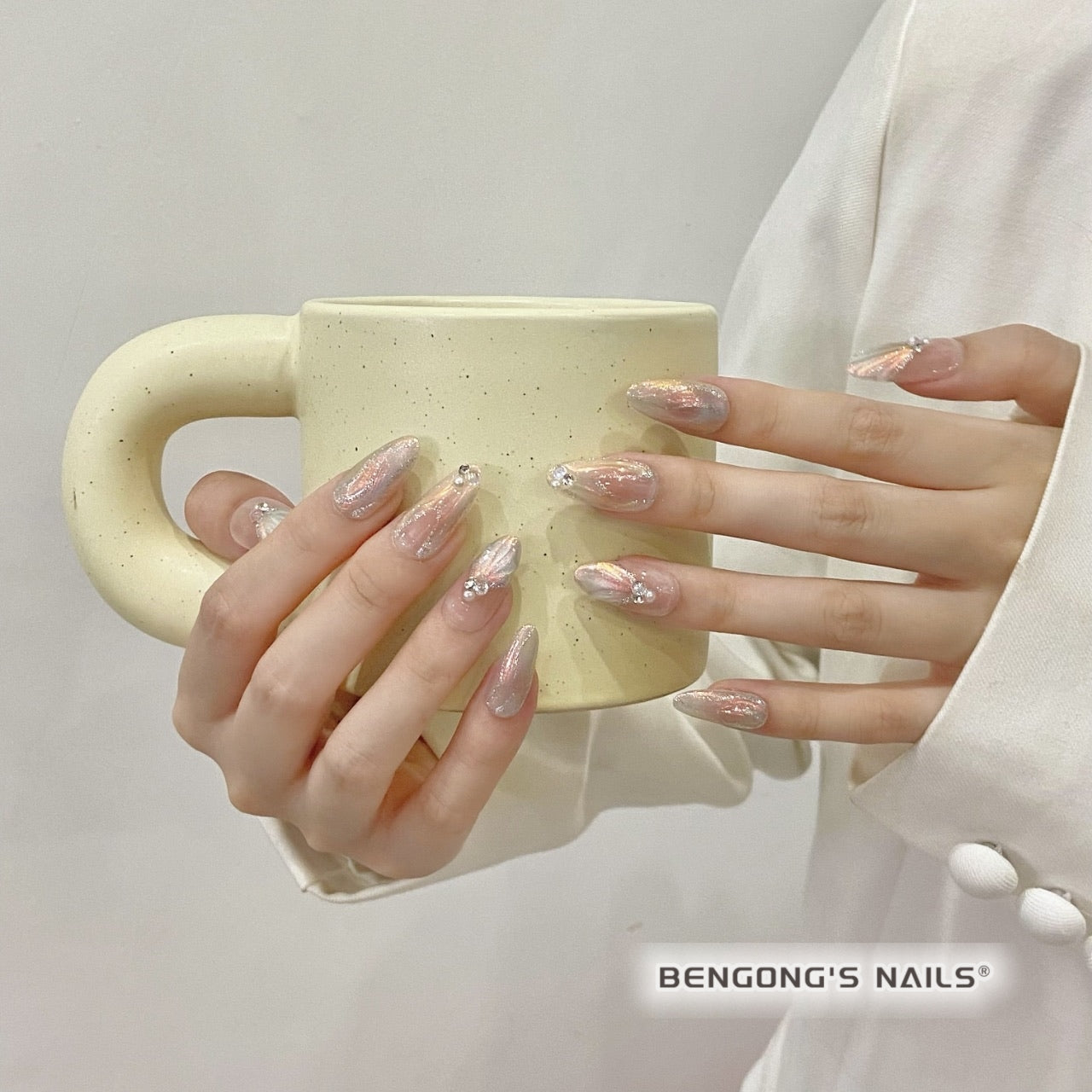 Blush Pearl Bloom | Medium Almond | Handmade Press-On Nails | Removable and Reusable | Free Tool Kit Included Regular