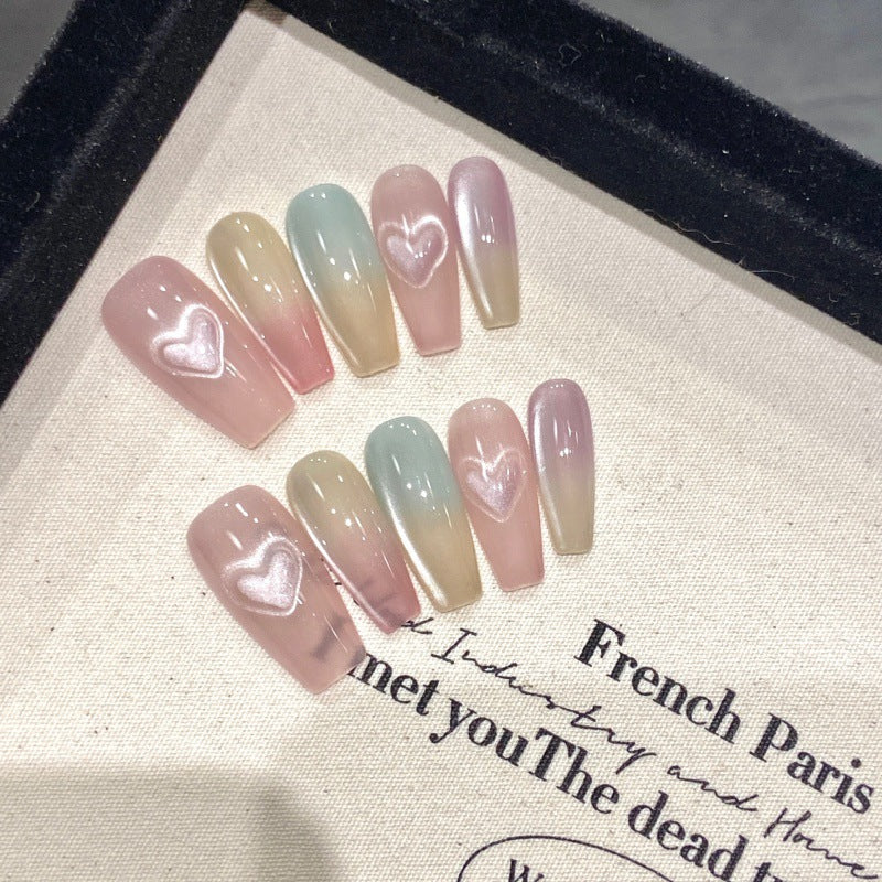 3 Shapes Multicolored Cat Eye & Heartbeat Series Handmade Press-On Nails | Removable and Reusable | Free Tool Kit Included