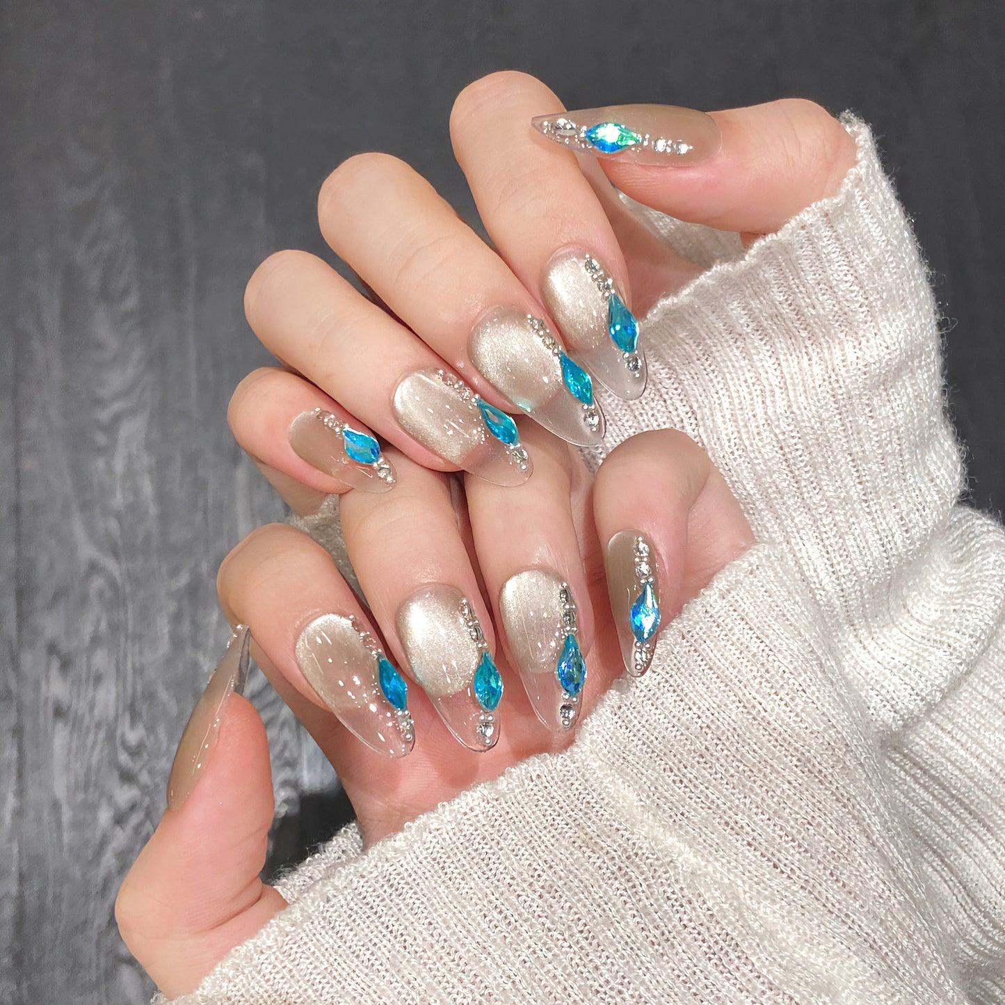 Medium Oval Ocean Tears Gray Ombre Cat Eye Handmade Press-On Nails | Removable and Reusable | Free Tool Kit Included