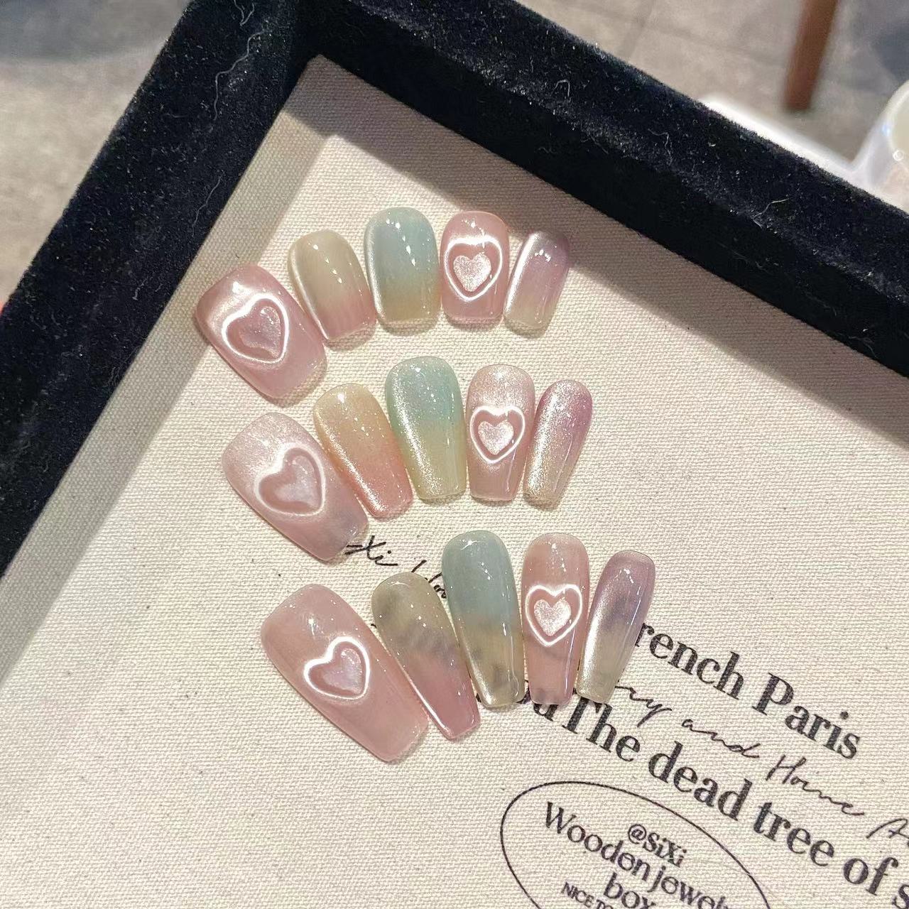 3 Shapes Multicolored Cat Eye & Heartbeat Series Handmade Press-On Nails | Removable and Reusable | Free Tool Kit Included