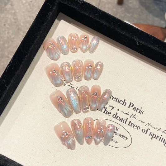 Medium Oval Silver Moonlight Powder & Embossed Shell Handmade Press-On Nails | Removable and Reusable | Free Tool Kit Included