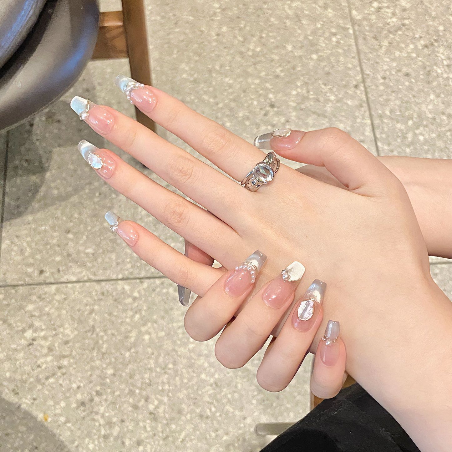 2 Shapes French Tip Cat Eye with Shell Pearl Accents Handmade Press-On Nails | Removable and Reusable | Free Tool Kit Included