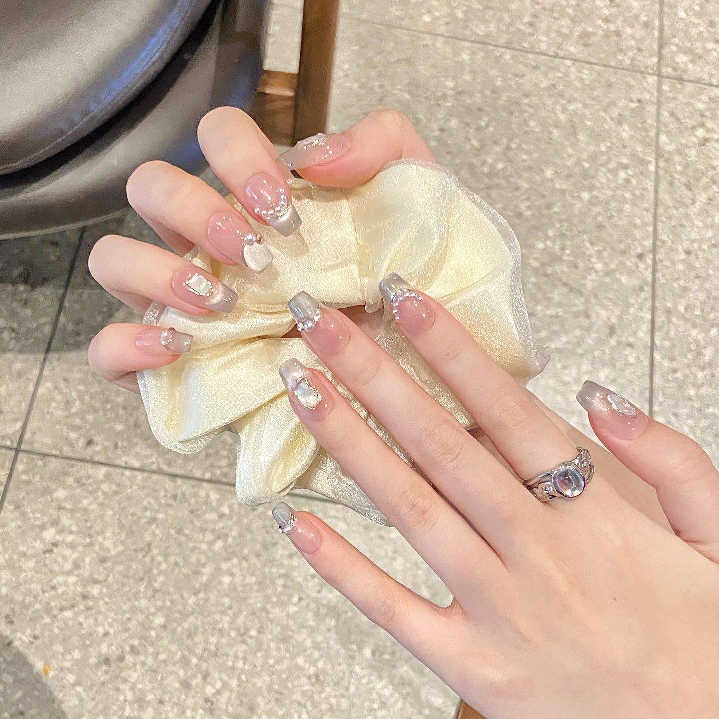 2 Shapes French Tip Cat Eye with Shell Pearl Accents Handmade Press-On Nails | Removable and Reusable | Free Tool Kit Included