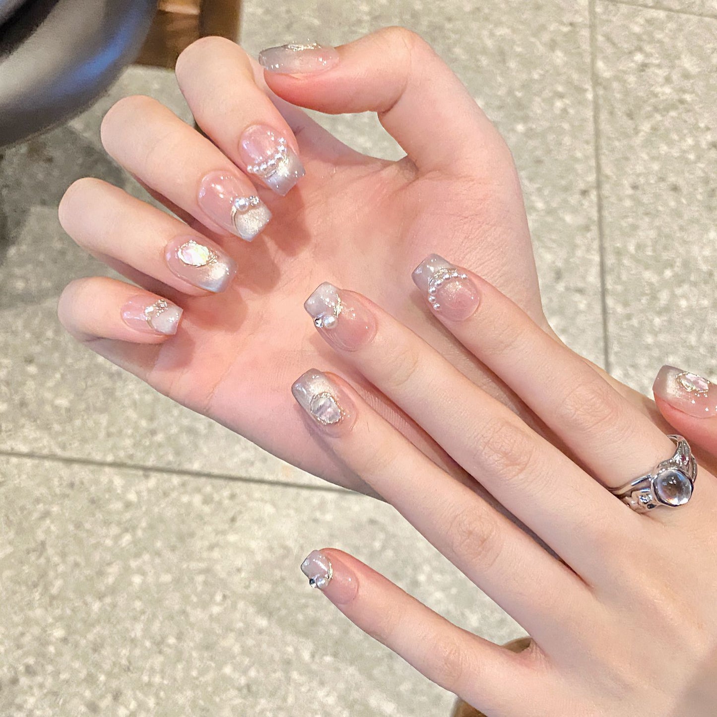 2 Shapes French Tip Cat Eye with Shell Pearl Accents Handmade Press-On Nails | Removable and Reusable | Free Tool Kit Included