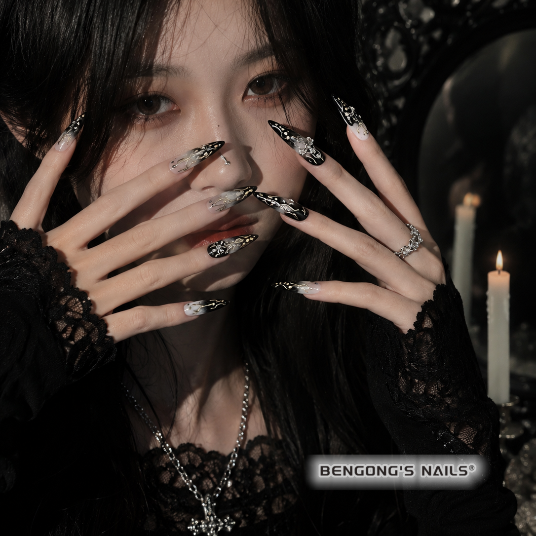 Sacred Noir | Long Almond | Handmade Press-On Nails | Removable and Reusable | Free Tool Kit Included