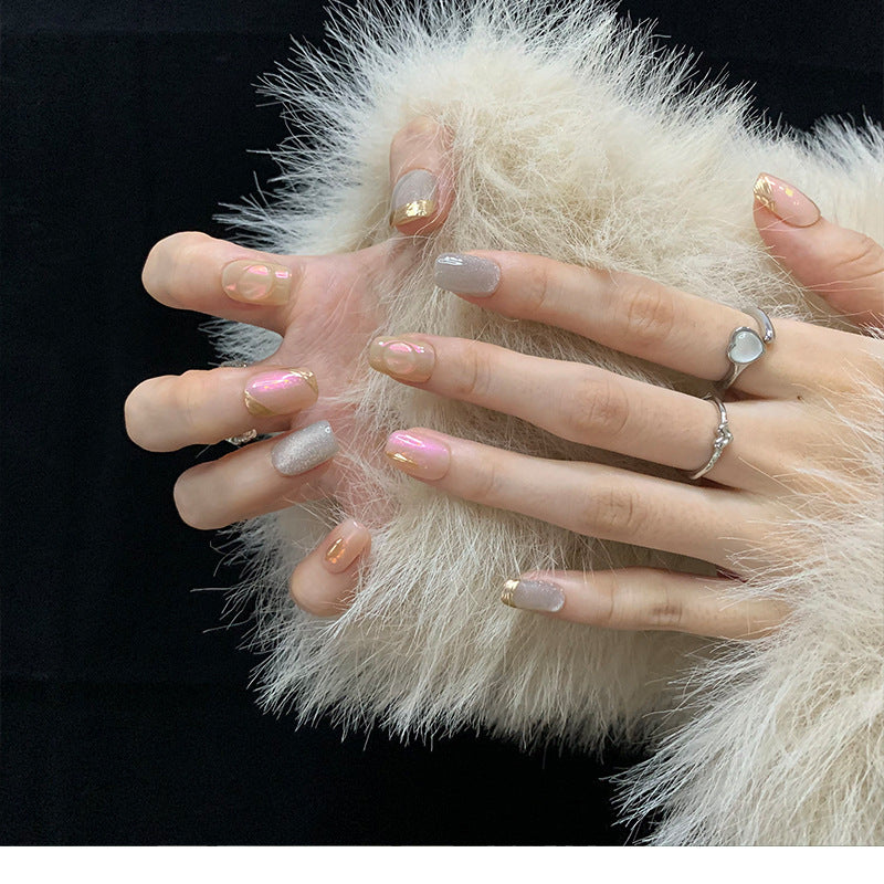 Two Shapes Pearlescent and Silver Combined Nails with Gold Outline Lines Handmade Press-On Nails | Removable and Reusable | Free Tool Kit Included