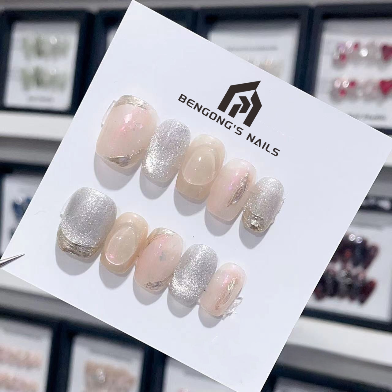 Two Shapes Pearlescent and Silver Combined Nails with Gold Outline Lines Handmade Press-On Nails | Removable and Reusable | Free Tool Kit Included