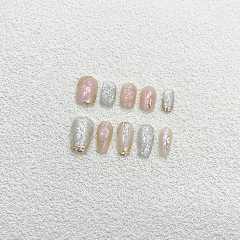 Two Shapes Pearlescent and Silver Combined Nails with Gold Outline Lines Handmade Press-On Nails | Removable and Reusable | Free Tool Kit Included