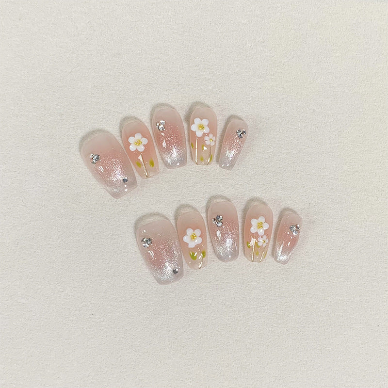 Medium Coffin Ice Translucent Cat Eye & Hand-Painted Blush Daisies Handmade Press-On Nails | Removable and Reusable | Free Tool Kit Included