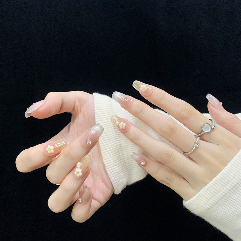 Medium Coffin Ice Translucent Cat Eye & Hand-Painted Blush Daisies Handmade Press-On Nails | Removable and Reusable | Free Tool Kit Included