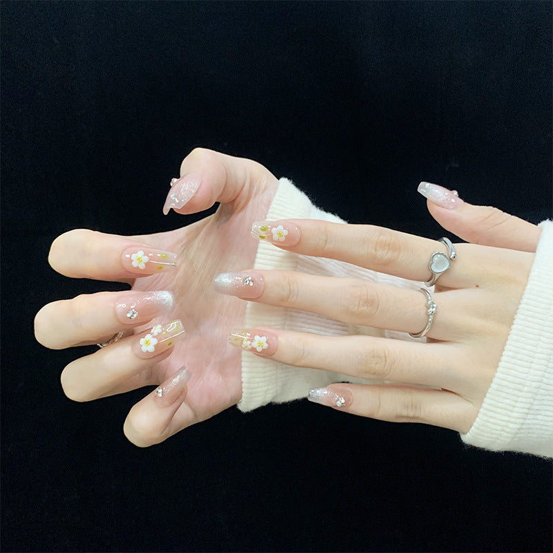 Medium Coffin Ice Translucent Cat Eye & Hand-Painted Blush Daisies Handmade Press-On Nails | Removable and Reusable | Free Tool Kit Included