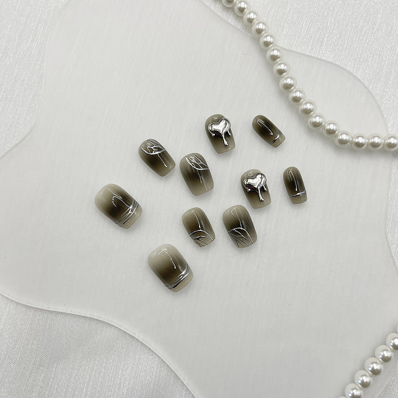 Short Square Black Gradient with Silver Lines & 3D Heart Accents Handmade Press-On Nails | Removable and Reusable | Free Tool Kit Included