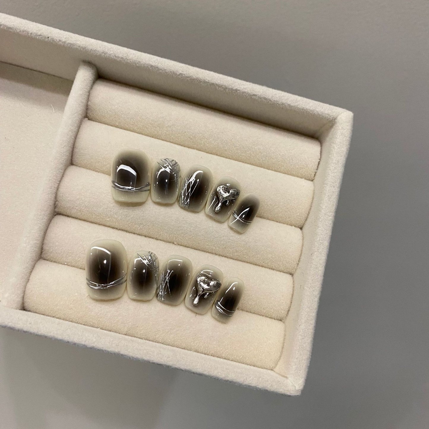 Short Square Black Gradient with Silver Lines & 3D Heart Accents Handmade Press-On Nails | Removable and Reusable | Free Tool Kit Included