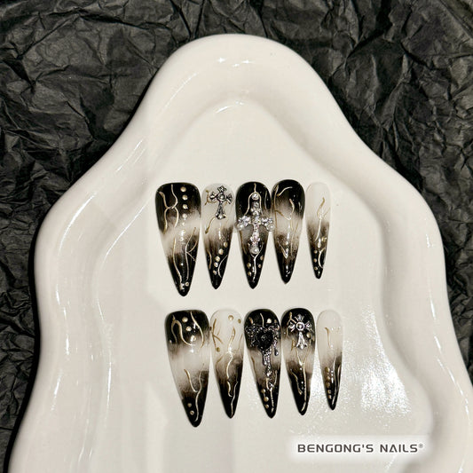 Sacred Noir | Long Almond | Handmade Press-On Nails | Removable and Reusable | Free Tool Kit Included