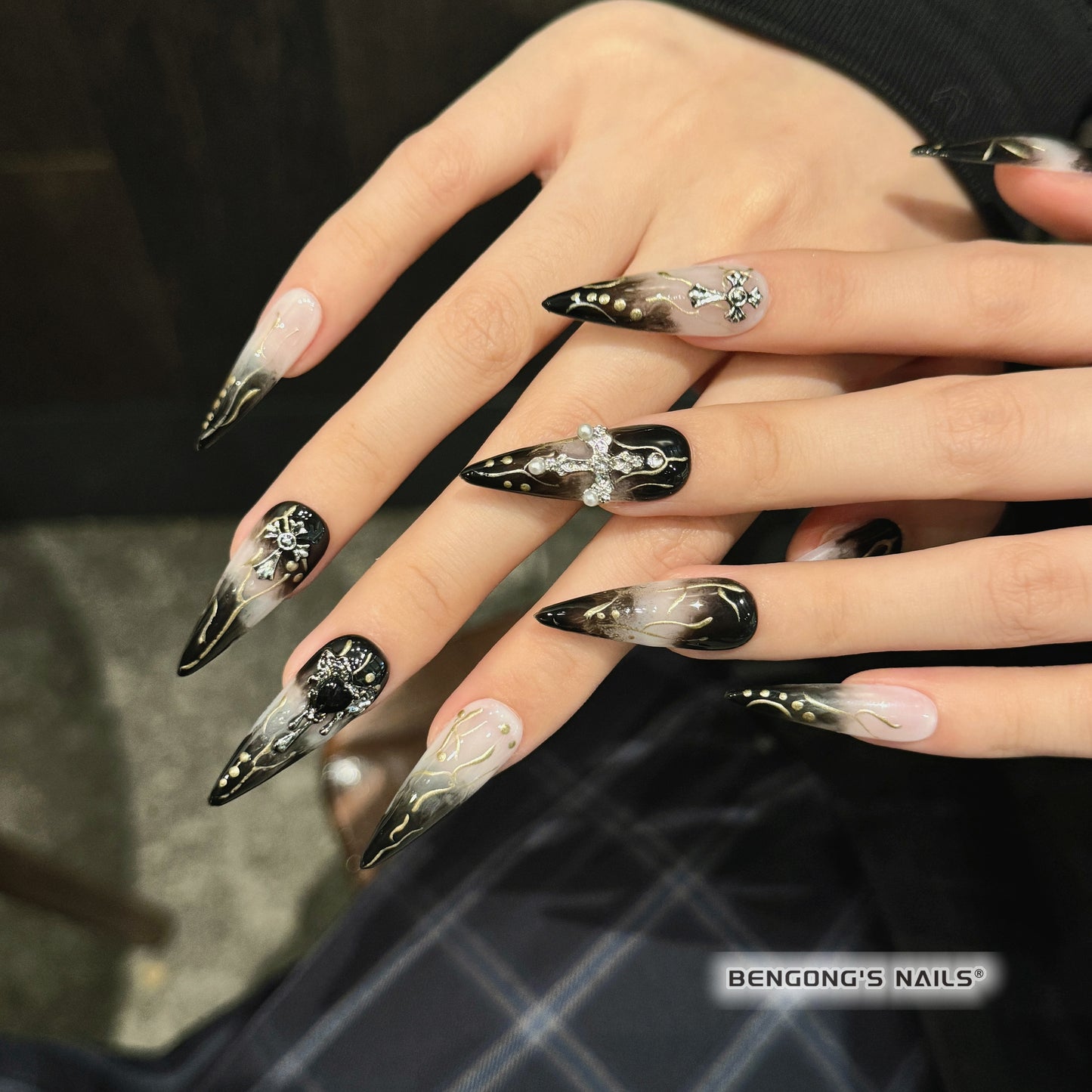 Sacred Noir | Long Almond | Handmade Press-On Nails | Removable and Reusable | Free Tool Kit Included