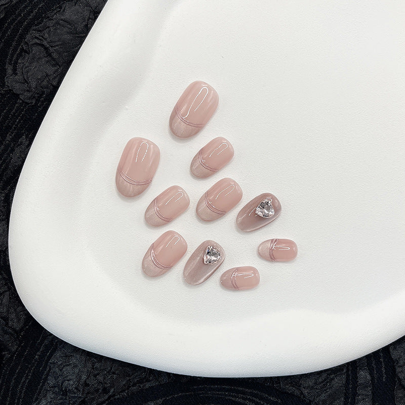 Short Oval Pink Romantic Line French Tip Handmade Press-On Nails | Removable & Reusable | Free Tool Kit Included