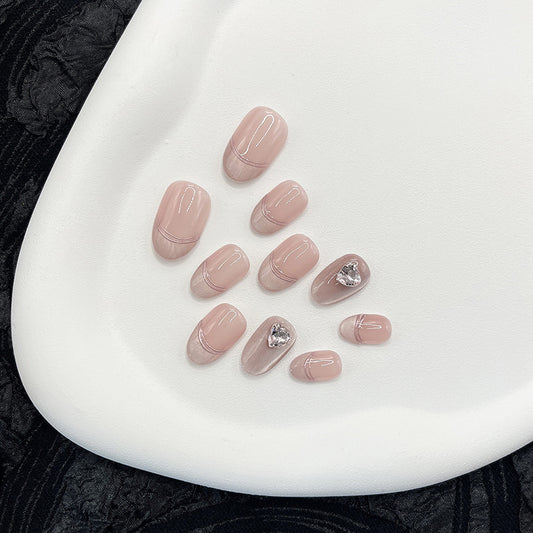 Short Oval Pink Romantic Line French Tip Handmade Press-On Nails | Removable & Reusable | Free Tool Kit Included