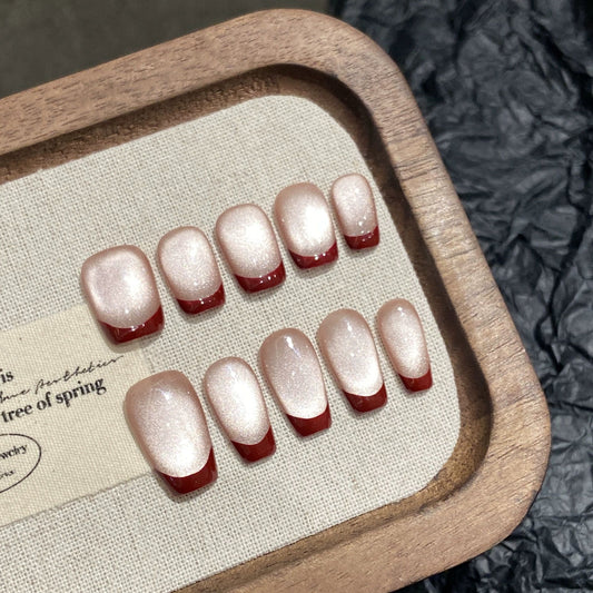 Ultra-Short Square Retro Burgundy French Tips & Minimalist Pink Cat Eye Handmade Wearable Nails | Removable and Reusable | Free Tool Kit Included