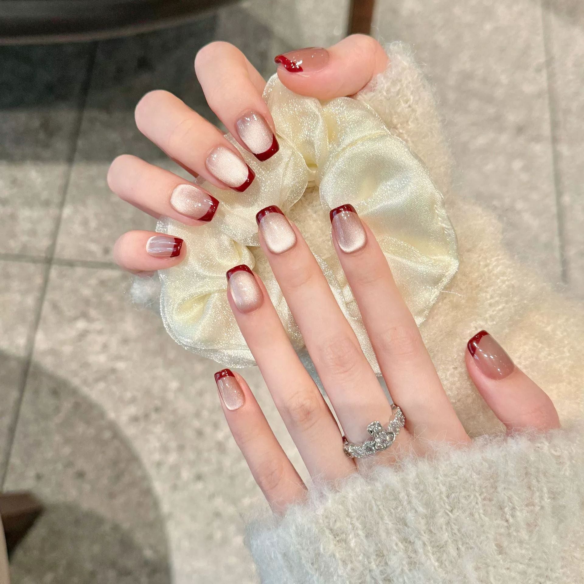 Ultra Minimalist Maroon French Tips