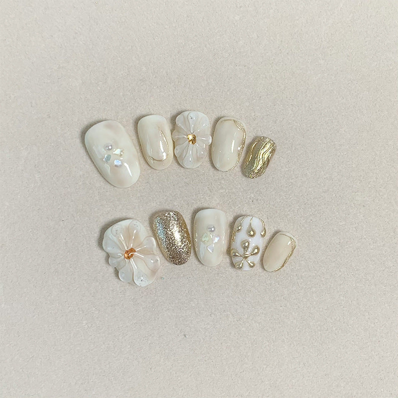 Short Oval Milk Tea Color & Water Drop Marbling Handmade Press-On Nails | Removable & Reusable | Free Tool Kit Included