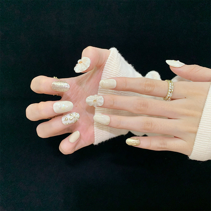 Short Oval Milk Tea Color & Water Drop Marbling Handmade Press-On Nails | Removable & Reusable | Free Tool Kit Included