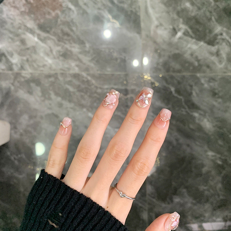 Short Coffin Pink and Shell Pink French Tip Handmade Press-On Nails with Hand-Painted Diamond Butterfly Design | Removable & Reusable | Free Tool Kit Included
