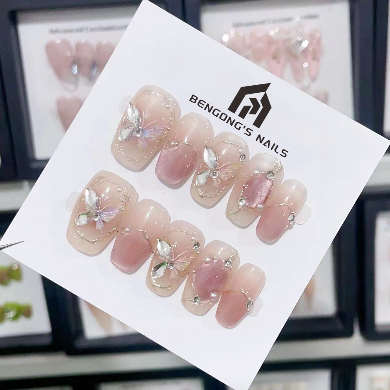 Medium Coffin Pink and Shell Pink French Tip Handmade Press-On Nails with Hand-Painted Diamond Butterfly Design | Removable & Reusable | Free Tool Kit Included